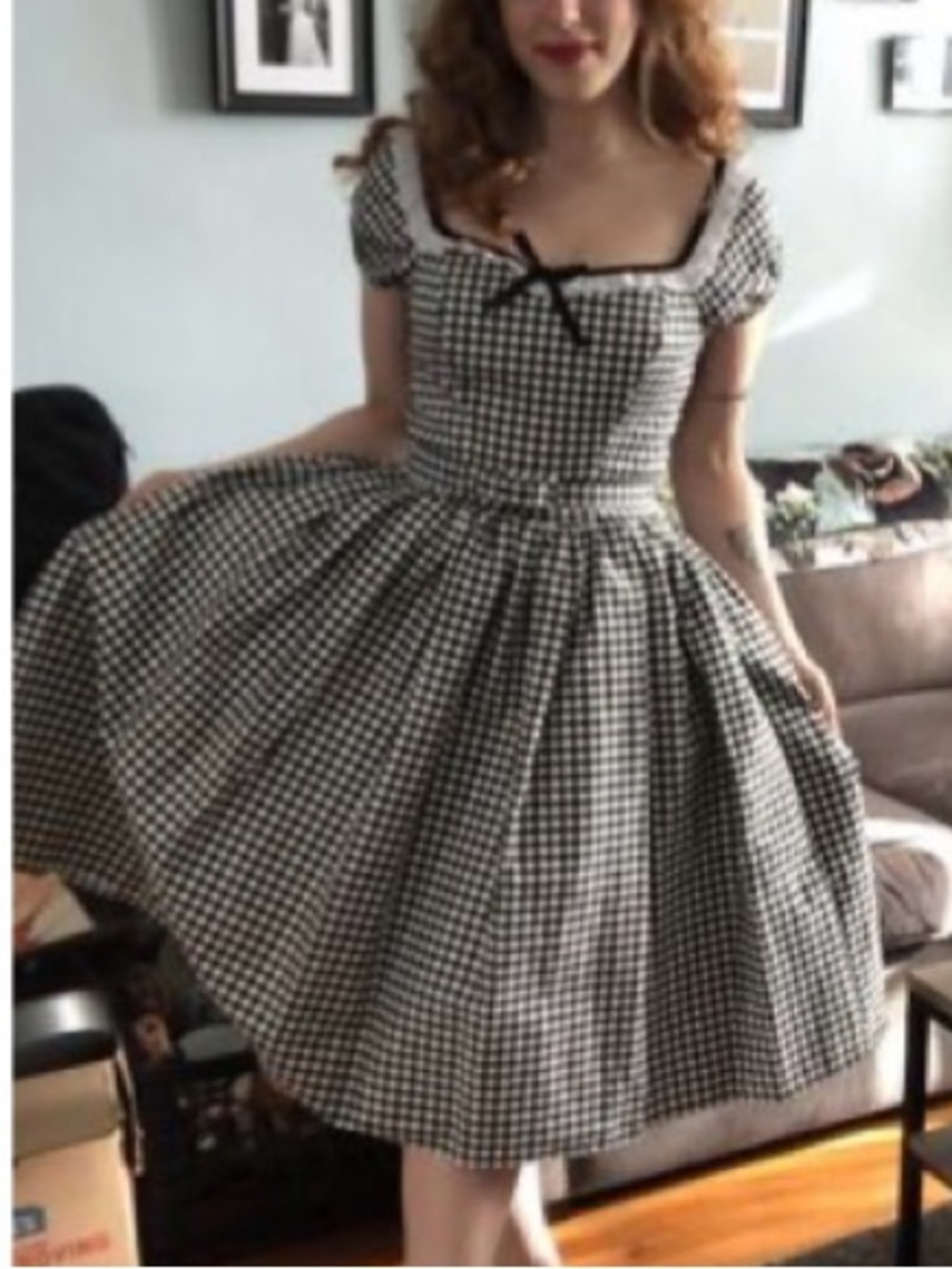 Vixen by Micheline Pitt Black & White Gingham Midi Dress with Bow